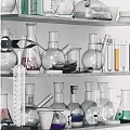 Lab Inspired Decorative Glassware Ornament Set on Wall Shelves with Various Shapes and Colored Liquids