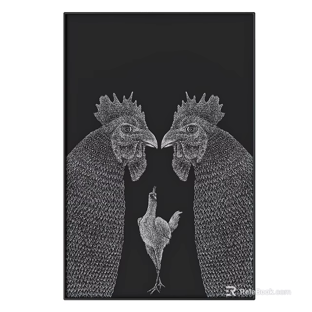 Black and White Animal Painting With Two Roosters and a Chick Line Art 3d model 