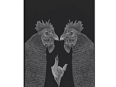 Black and White Animal Painting With Two Roosters and a Chick Line Art 3d model