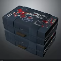 Practical Stacked Blue Storage Boxes Featuring Red And White Patterns And Brown Handles