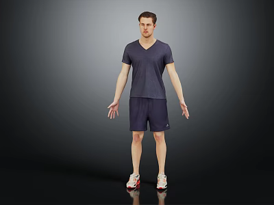 Man in V neck T shirt and shorts standing with sneakers on dark background 3d model
