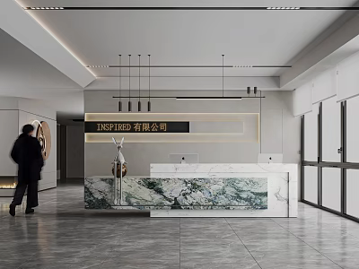 Modern Office Front Desk Reception Area With Marble Counter Lighting And Company Sign Design 3d model