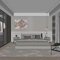 Modern Bedroom Interior With Light Colored Wardrobe Abstract Painting And Striped Wall