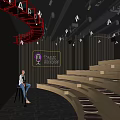Modern KTV Theatre Showroom Interior With Wooden Walls Stepped Seating And Lighting