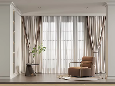 Modern Layered Curtain Design With Sheer Panel Accent Chair And Potted Plant 3d model