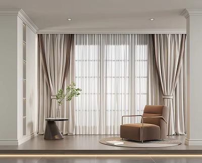 Modern Layered Curtain Design With Sheer Panel Accent Chair And Potted Plant 3d model
