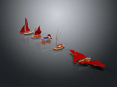 Multiple Small Model Sailboats With Red Sails On Gray Background Display Arrangement 3d model