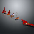 Multiple Small Model Sailboats With Red Sails On Gray Background Display Arrangement 3d model