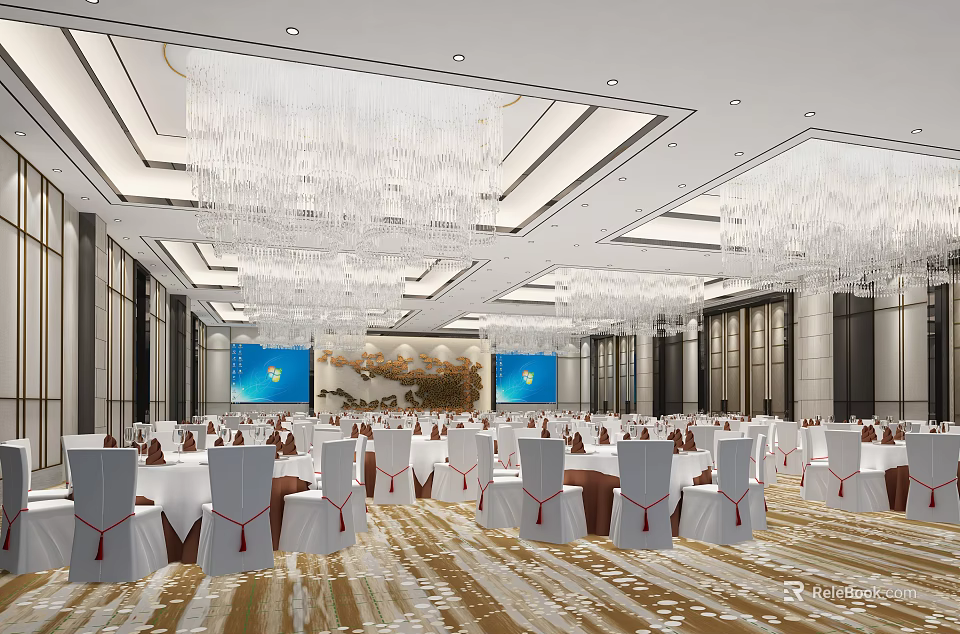 Elegant Ballroom Interior With Crystal Chandeliers Round Tables And White Chair Covers 3d model 