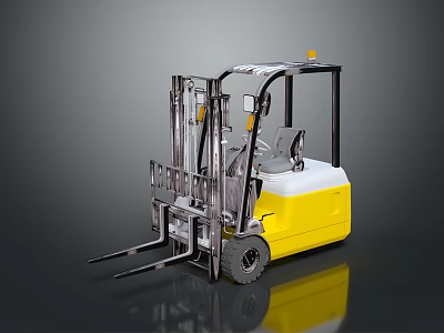 Yellow And White Industrial Forklift With Metal Forks And Driver Cab 3d model