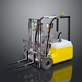 Yellow And White Industrial Forklift With Metal Forks And Driver Cab