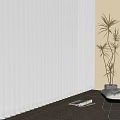 Bonsai Potted Plant in Bright Room With White Blinds Arched Wall Gray Pot and Sofa