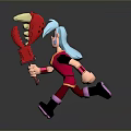 Cartoon Female Character With Blue Hair Running With Red Lobster Claw And Colorful Outfit