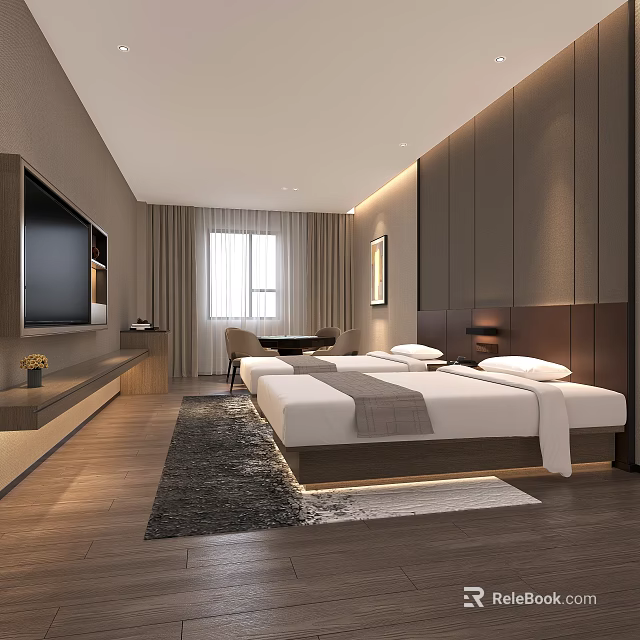 Hotel Room Interior With Modern Design Double Bed TV Window And Wooden Floor 3d model 