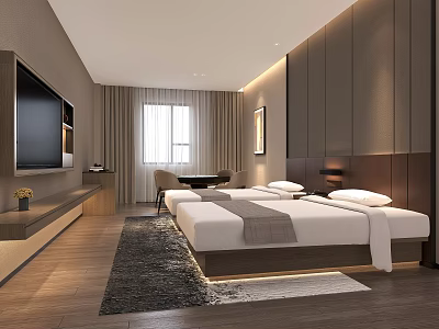 Hotel Room Interior With Modern Design Double Bed TV Window And Wooden Floor 3d model