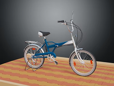 Blue and White Bicycle with Black Seat on Red Brick Floor Gray Background 3d model