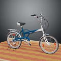 Blue and White Bicycle with Black Seat on Red Brick Floor Gray Background