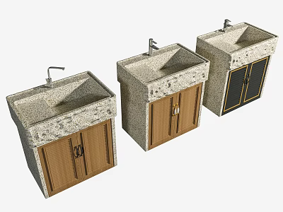 Three Modern Washbasin Vanities With Stone Countertops And Wooden Cabinet Designs 3d model