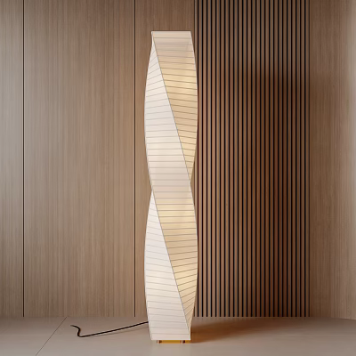 Elegant Modern Floor Lamp With Striped Design And Soft Lighting Effect On Wooden Background 3d model