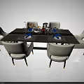 Modern Dining Table Setup With White Chairs Tableware Flower Centerpiece And Wine Bottle 3d model