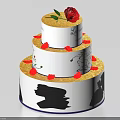 Three Tiered White Cake With Red Rose Gold Accents And Black Abstract Designs