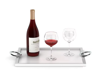 Wine Bottle with Red Wine and Two Glasses on Silver Tray with Decorative Rings 3d model