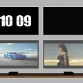 Modern Television Setup With Four Screens Displaying Time Car Image And Woman On Beach