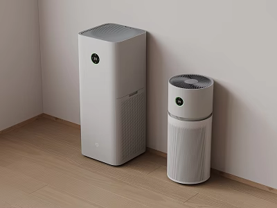 Two Modern Air Purifiers Tower And Cylindrical Design In Indoor Corner With Wooden Floor 3d model