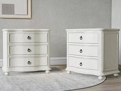 White Dressers with Three Drawers and Metal Handles on Gray Rug and Wall 3d model