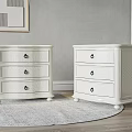 White Dressers with Three Drawers and Metal Handles on Gray Rug and Wall