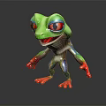 Playful 3D Cartoon Frog Character With Green Body Red Eyes And Red Blue Limbs