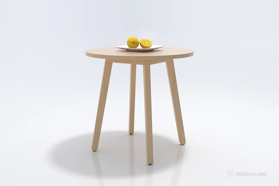 Simple Round Light Wood Coffee Table With Plate Holding Two Yellow Lemons On Surface 3d model