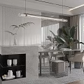 Modern Restaurant Interior With Island Counter Dining Table Chairs And Pendant Lights