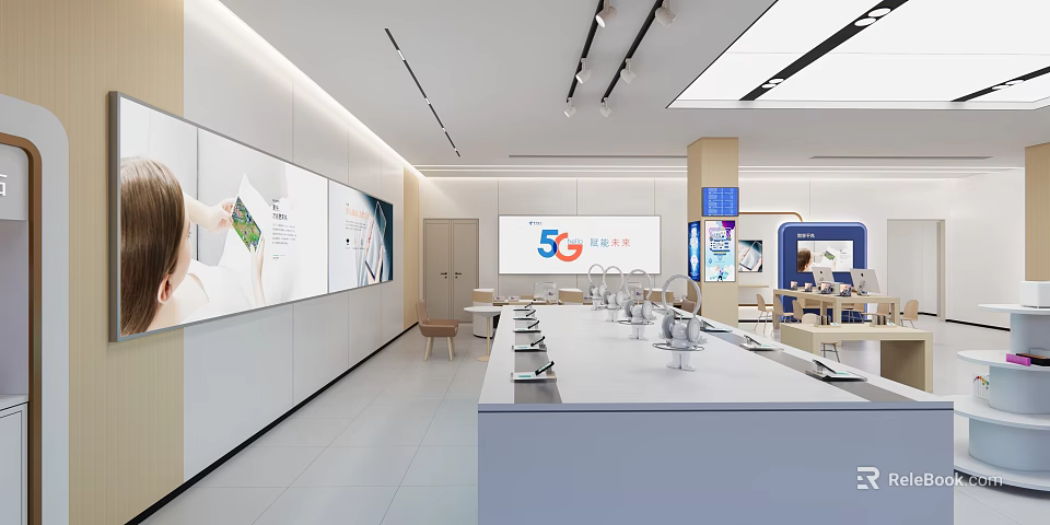 Modern Digital Store Interior With 5G Devices Smartphones And Display Counters 3d model 