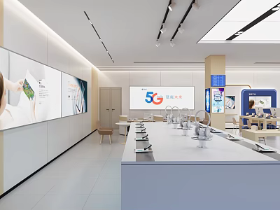 Modern Digital Store Interior With 5G Devices Smartphones And Display Counters 3d model
