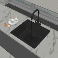 Modern Black Kitchen Sink with Faucet Running Water and Fresh Ingredients on Marble Countertop