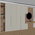 Modern Closet Design With White Cabinets Drawers Illuminated Shelves Round Mirror And Wooden Floor