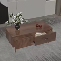 Wooden Coffee Table With Black Vase White Flowers Two Red Apples And Louvered Drawer