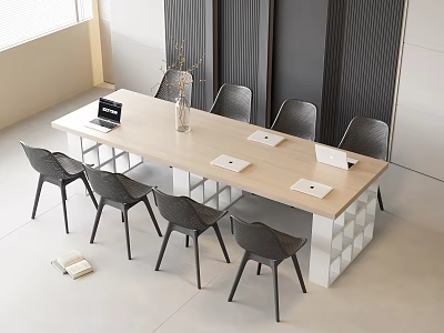 Modern Office Conference Table With Light Wood Top Gray Chairs Laptop And White Notebooks 3d model