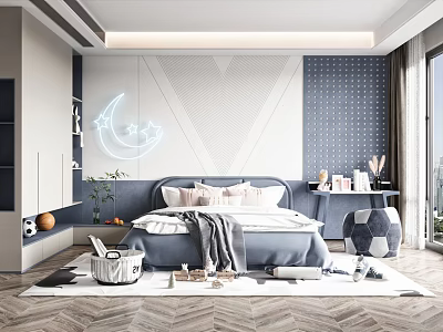 Kids Room Interior Design With Blue Bed Neon Moon Stars Decor Soft Rug And Storage 3d model