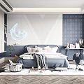 Kids Room Interior Design With Blue Bed Neon Moon Stars Decor Soft Rug And Storage