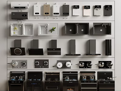 Various Modern Kitchen Appliances Including Range Hoods Sinks Stoves And Coffee Makers Displayed 3d model