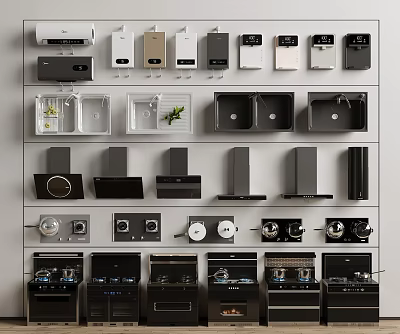 Various Modern Kitchen Appliances Including Range Hoods Sinks Stoves And Coffee Makers Displayed 3d model