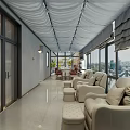 Elegant Beauty Hair Salon Interior With Marble Tables Red Chairs Green Plants And Product Shelves