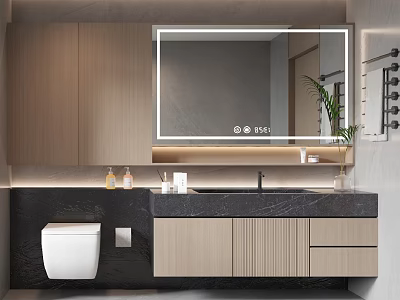 Modern Minimalist Bathroom Vanity Set With Lighted Mirror Marble Countertop Wooden Cabinets And Toilet 3d model