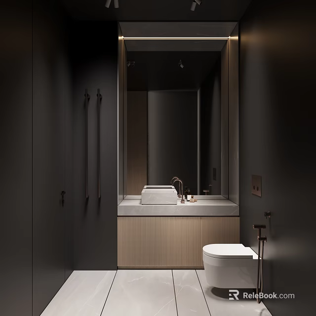 Modern Dark Bathroom Interior With Large Mirror Wooden Vanity And Toilet 3d model 