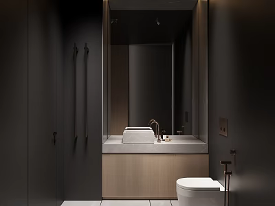 Modern Dark Bathroom Interior With Large Mirror Wooden Vanity And Toilet 3d model
