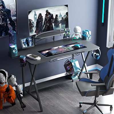 Gaming Desk Setup With RGB Keyboard Mouse Monitor LED Lights And Gaming Chair 3d model