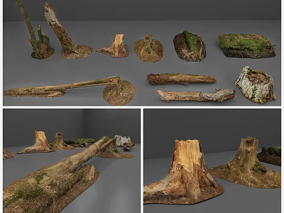 Natural Stone And Wood Elements Including Logs Stumps With Mossy Details 3d model