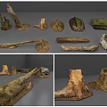 Natural Stone And Wood Elements Including Logs Stumps With Mossy Details